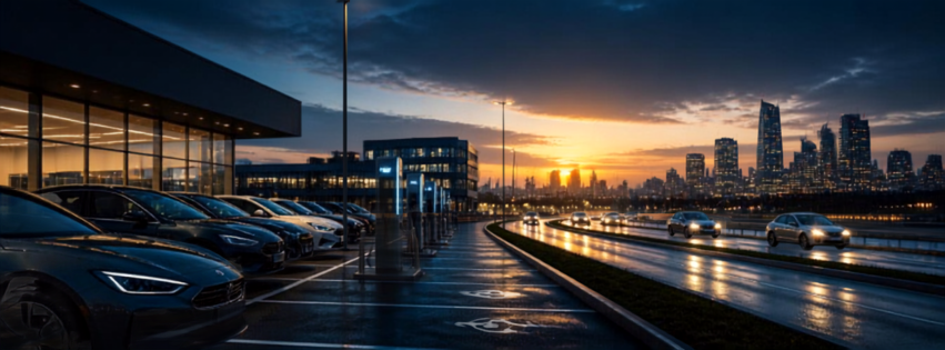 Parking lot by the water at sunset; row of parked cars, streetlights, and a lit city skyline across the river with wet road reflections on the pavement.